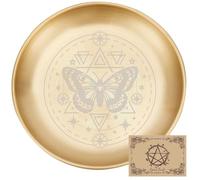 CREATCABIN Plato Ritual de Altar de Mariposa, Cuenco de Acero Inoxidable Redondo Dorado para Oración, Tarot, Ofrenda, Portavelas, Cristales de Bruja, Bandeja para Joyería, Quemador de Incienso 14x14cm