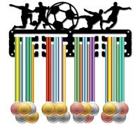 CREATCABIN Soporte Medallas Fútbol Colgador Medallas Expositor Colgar Premios Decoración Habitación Montada En Pared Diseño 3 línea Capacidad Más 40 medallas Regalo Jugadores Fútbol 29x13 cm Negro