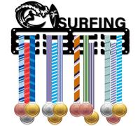 CREATCABIN Soporte Medallas Surf,Colgadores Medallas,Estante Medallas,Exhibición Deportes Surf,Premios Colgantes Metal,Premios Montaje Pequeño Hierro para Pared,Insignia para Surf,Negro,29x13cm