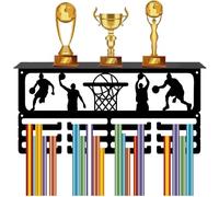 CREATCABIN Soporte para Medallas de Baloncesto, Expositor de Medallas con Estante, Estante para Trofeos, Premios Deportivos, Cintas, Ganchos de Metal, Organizador para Montaje En Pared, Marco para 60