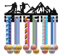 CREATCABIN Soporte para Medallas de Esquí de Madera,Colgador de Medallas Deportivas,Estante para Medallas,Soporte para Cinta,Montañas Nevadas para Atletas Competición,Medallista,Negro,40x15cm