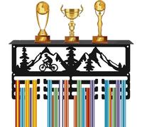 CREATCABIN Soporte para Trofeos de Ciclismo de Metal Negro de Hierro para Montar En la Pared con Capacidad para 60 o Más Medallas Premios Cintas Estante con 12 Ganchos para Atletas 40x20x10cm