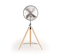 CREATE / AIR TRIPOD RETRO/Ventilador de pie oscilante Cromado con 4 Aspas/Silencioso, 3 Niveles de Ventilación, Regulable y ajustable 126-135cm, 80W / Trípode Plegable de Madera