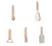 CREATE/Pack de 5 utensilios de cocina arena/Pelador de fruta y verdura, cuchara para helado, batidor de mano, rallador, prensa para ajos, apto para lavavajillas, hojas de acero inoxidable