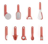 CREATE/Pack de 9 utensilios de cocina terracota/Pelador de fruta y verdura, cuchara para helado, batidor de mano, rallador, exprimidor, cortador de pizza, abridor, prensa para ajos