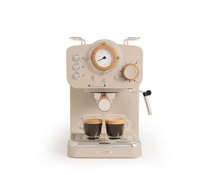 CREATE / THERA RETRO/Cafetera Express Semiautomática arena mate y madera / 20 bares, brazo doble salida, depósito 1,25L, café molido y monodosis ESE 55mm, con vaporizador, 1100W