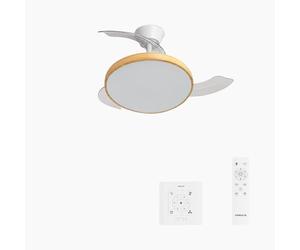 CREATE / WIND CLEAR STUDIO S/Ventilador de techo con luz blanco y madera clara con controlador de pared y mando / 40W, Aspas retráctiles, Ø 91 cm, 3 temperaturas de luz, función verano-invierno