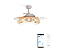 CREATE / WIND CLEAR/Ventilador de techo con luz blanco y mimbre óvalo con mando y Wifi / 40W, Ø108 cm, temporizador, 6 velocidades, aspas retráctiles, 3 temperaturas de luz, función verano-invierno.