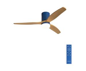 CREATE / WINDCALM M/Ventilador de techo ABS con luz azul cobalto efecto aspas madera clara y mando / 40W, Silencioso, Ø132 cm, 3 temperaturas de luz, temporizador, función verano-invierno