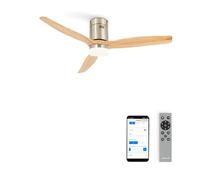 CREATE / WINDCALM/Ventilador de techo ABS con luz níquel efecto aspas madera clara con Wifi y mando / 40W, Silencioso, Ø132 cm, 3 temperaturas de luz, temporizador, función verano-invierno