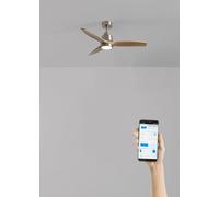 CREATE / WINDSTYLANCE S/Ventilador de techo ABS con luz níquel aspas efecto madera clara con Wifi y mando / 40W, Temporizador, Ø112 cm, 6 velocidades, temporizador, verano-invierno, doble altura