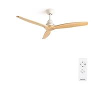 CREATE / WINDWOOD/Ventilador techo blanco aspas madera natural con mando / 75W, Silencioso, Ø132 cm, 3 velocidades, temporizador, 2 alturas
