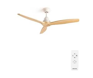 CREATE / WINDWOOD/Ventilador techo blanco aspas madera natural con mando / 75W, Silencioso, Ø132 cm, 3 velocidades, temporizador, 2 alturas