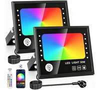 CREATESTAR 30W Foco RGB Exterior 2 Piezas,16 Millones Color＆Temporizador, Proyector RGB con 2.4G Control Remoto y APP Bluetooth, IP66 Impermeable Foco LED para Fiesta Paisaje Escénico