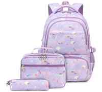 Createy 3 mochilas de sirena para niñas, mochilas de primaria, escuela secundaria, mochila para niños, mochila con lonchera, Sirena morada, L, Mochila escolar