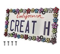Creathome 3D Shining Daisy Wrenth License Plate Frame from Pure Zinc Alloy Metal Plate Holder, Matt Black with Colorful Glitter