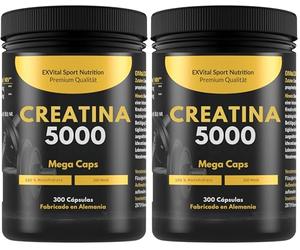 Creatina 5000 Mega Caps, 5000 mg creatina monohidratada/día, 300 cápsulas veganas, 100% pura, control laboratorio (Paquete de 2)