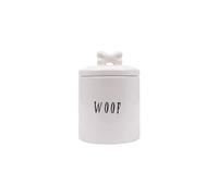 Creative Co-Op Tarro de cerámica con mensaje "Woof" y tapa con hueso, blanco y negro