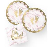 Creative Converting Paquete de fiesta de baby shower de mármol rosa, 16 platos de papel de aluminio dorado de 7 pulgadas y 16 servilletas Oh Baby de 6.5 pulgadas