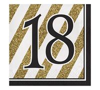 Creative Converting Servilletas de papel con número 18, color negro y dorado, 13 pulgadas, 16 unidades, feliz cumpleaños