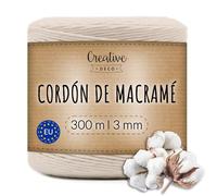 Creative DECO 2-3mm x 300m Cuerda Macramé Hilo Algodón Beige | Espesor +-0.5 mm | Cordón Rollo Grande Natural Grueso Fuerte Decoración Manualidades Artesanía Bricolaje y Embalaje