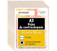 Creative Deco 20 x A3 Tablero Madera Manualidades Contrachapado | 420 x 300 x 3 mm (+/- 2mm) | Chapa Maciza Abedul Maderas para Bricolaje | Pirograbado, Corte por Laser, CNC Router, Modelado