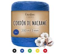 Creative Deco 200m Cuerda Hilo Macrame 3mm Algodón Azul | Espesor +-0.5 mm | Cordón Rollo Grande Natural Grueso Fuerte Decoración Manualidades Tejer Crochet Artesanía Bricolaje y Embalaje