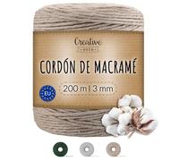 Creative Deco 200m Cuerda Hilo Macrame 3mm Algodón Beige Oscuro | Espesor +-0.5 mm | Cordón Rollo Grande Natural Grueso Fuerte Decoración Manualidades Tejer Crochet Artesanía Bricolaje y Embalaje