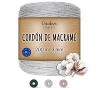 Creative DECO 3mm x 200m Cuerda Macramé Hilo Algodón Gris Claro | Espesor +-0.5 mm | Cordón Rollo Grande Natural Grueso Fuerte Decoración Manualidades Artesanía Bricolaje y Embalaje