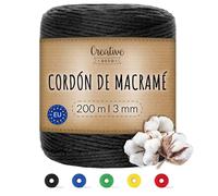 Creative Deco 200m Cuerda Hilo Macrame 3mm Algodón Negra | Espesor +-0.5 mm | Cordón Rollo Grande Natural Grueso Fuerte Decoración Manualidades Tejer Crochet Artesanía Bricolaje y Embalaje