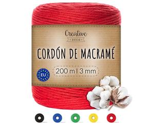 Creative Deco 200m Cuerda Hilo Macrame 3mm Algodón Roja | Espesor +-0.5 mm | Cordón Rollo Grande Natural Grueso Fuerte Decoración Manualidades Tejer Crochet Artesanía Bricolaje y Embalaje