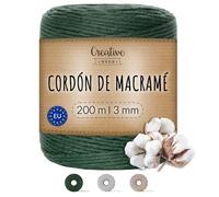 Creative Deco 200m Cuerda Hilo Macrame 3mm Algodón Verde Oscuro | Espesor +-0.5 mm | Cordón Rollo Grande Natural Grueso Fuerte Decoración Manualidades Tejer Crochet Artesanía Bricolaje y Embalaje