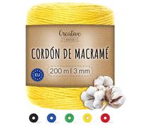 Creative Deco 3mm x 200m Cuerda Macramé Hilo Algodón Amarilla | Espesor +-0.5 mm | Cordón Rollo Grande Natural Grueso Fuerte Decoración Manualidades Artesanía Bricolaje y Embalaje