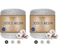 Creative Deco 3mm x 200m Cuerda Macramé Hilo Algodón Gris Claro | Espesor +-0.5 mm | Cordón Rollo Grande Natural Grueso Fuerte Decoración Manualidades Artesanía Bricolaje y Embalaje (Paquete de 2)