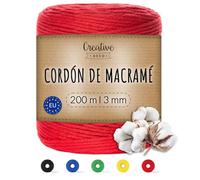 Creative Deco 3mm x 200m Cuerda Macramé Hilo Algodón Roja | Espesor +-0.5 mm | Cordón Rollo Grande Natural Grueso Fuerte Decoración Manualidades Artesanía Bricolaje y Embalaje