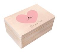 Creative DECO Caja Madera de Recuerdos Personalizada con Texto Deseos para Regalo | 30 x 20 x 14 cm (+/-1cm) | Motivo Minimalista de Corazón Rosa | Cofre con Tapa Grabada | para Juguetes