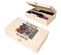 Creative DECO Caja Madera Personalizada con Texto y Foto | 2 Botellas | 35 x 20 x 9,5 cm (+-1cm) | Tapa y Bisagra | Divisores Extraíbles | para Regalo Almacenamiento Decoración Manualidades Pascua