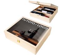 Creative DECO Caja Madera Vino Personalizada con Foto | 3 Botellas | 35,1x30x10cm | Tapa y Bisagra | Divisores Extraíbles | para Regalo Decorar Almacenamiento Decoración Manualidades