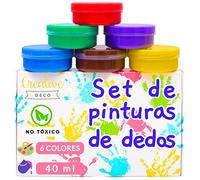 Creative DECO Pintura de Dedos para Niños Bebes No Tóxica | 6 x 40 ml Colores Intensos en Botes | Temperas Seguras para Niños Pequeños | Set de Pinturas Lavables