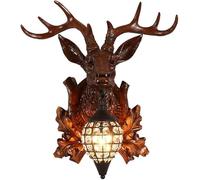 Creative Deer Head Antler Resin Wall Lamp Indoor Lighting European Crystal Lamp, American Rural Retro Living Room Bedroom Restaurant Decorative Wall Light(A)
