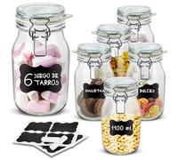 Creative Home 6 x Tarros de Cristal con Tapa Herméticos | 6 x 1L | Set Botes Envases 1 Litro Cierre de Clip | Para Conservar Alimentos | 8 Pegatinas Reutilizables + 1 Tiza Sin Polvo