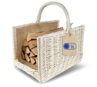 Creative Home Blanca Cesta de Mimbre para Almacenar Leña con Asa 45x30x47cm | Tela de Yute | Rectangular Grande | Tejida a Mano Duradera Interior | Sauce Grueso Natural | Multiuso