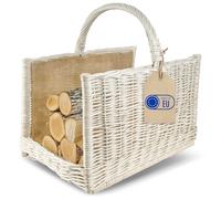 Creative Home Blanca Cesta de Mimbre para Almacenar Leña con Asa 50x34x50cm | Tela de Yute | Rectangular Grande | Tejida a Mano Duradera Interior | Sauce Grueso Natural | Multiuso