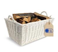 Creative Home Cesta de Mimbre Blanca para Almacenar Leña con Asas y Tela de Yute | 47 x 33 x 30 cm Rectangular Grande | Tejida a Mano Duradera Interior | Sauce Grueso Natural | Multiuso