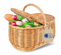 Creative Home Cesta de Mimbre Grande con Asa y Tapa Picnic | 45 x 30 x 38cm (+/- 2cm) Ligera | para Compra Regalo Plantas Decoración | Tejida a Mano | Marrón Natural | Multiuso, Práctica y Duradera