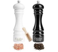 Creative Home Molinillos Grandes de Sal y Pimienta de Madera Blanco y Negro | Juego de 2 Moledores con Mini Cuchara | 18 x 5 cm | Madera de Haya Natural | Mecanismo de Trituración Manual