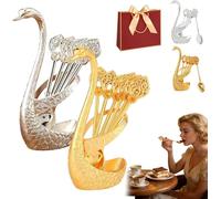 Creative Swan Design Coffee Stirring Spoon Set with 6 Coffee Spoons Set, Metal Dessert Teaspoon Holder Organizer,Decorative Tableware for Fruit Mixing Stirring,Ideal Gift for Home Cafe (Mix)