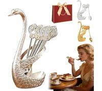 Creative Swan Design Coffee Stirring Spoon Set with 6 Coffee Spoons Set, Metal Dessert Teaspoon Holder Organizer,Decorative Tableware for Fruit Mixing Stirring,Ideal Gift for Home Cafe (Silver)