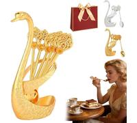 Creative Swan Design Coffee Stirring Spoon Set with 6 Coffee Spoons Set, Metal Dessert Teaspoon Holder Organizer,Decorative Tableware for Fruit Mixing Stirring,Ideal Gift for Home Cafe (Gold)
