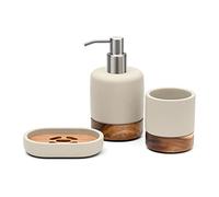 Creativefine Juego de accesorios de baño de hormigón y madera de acacia, 3 piezas, dispensador de jabón, jabonera, vaso